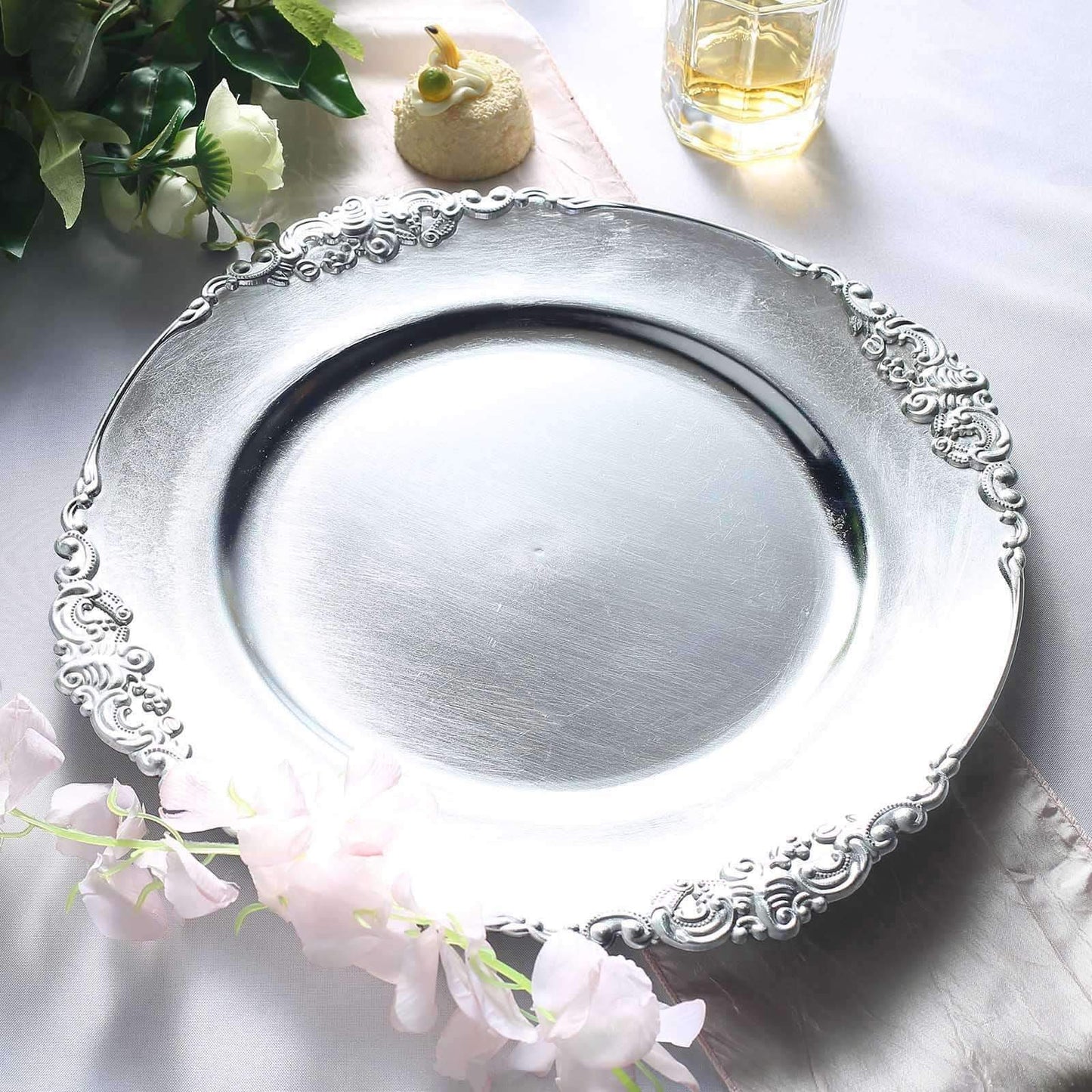 6 - Pack Acrylic Round Charger Plates 13" in Silver with Embossed Baroque Rim, Antique Decorative Dinner Party Charger Tableware - Linen Luxes