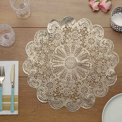 6 - Pack Dining Table Mats Floral Lace Design Gold - Vinyl Non - Slip Surface with Vintage Appeal 15" - Linen Luxes