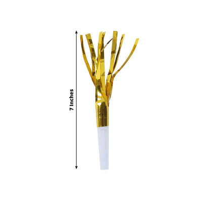 24 Pack Party Horn Noisemakers with Tassels - 7" Gold Metallic Fringed Blowouts for Events and Gatherings - Plastic & Foil Design