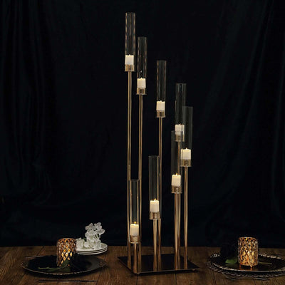 8 Arm Cluster Taper Candle Holder Gold - Stunning Large Candle Arrangement With Clear Glass Shades for Grand Banquets & Celebrations 42" - Linen Luxes