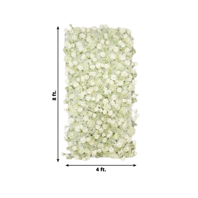 8ftx4ft Roll Up Artificial Flower Wall Panel Backdrop with White Silk Roses & Baby's Breath