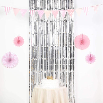 8ft Silver Metallic Tinsel Foil Fringe Doorway Curtain Party Backdrop - Linen Luxes