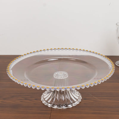 2-Pack Clear Plastic Pedestal Cake Stands – 13" Round Dessert Display Trays with Gold Beaded Rim
