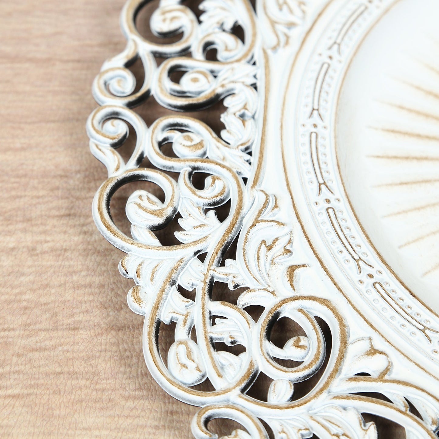 6-Pack Acrylic Round Charger Plates 13" in Antique White with Vintage Floral Carved Rim, Event Tabletop Decorative Charger Tableware