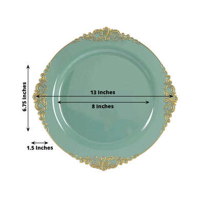 20-Pack Economy Plastic Round Charger Plates 13" in Dusty Sage Green with Gold Embossed Baroque Rim, Stylish Dinner Party Serving Plates