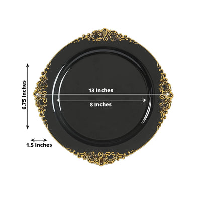 20-Pack Economy Plastic Round Charger Plates 13" in Black with Gold Embossed Baroque Rim, Stylish Dinner Party Serving Plates