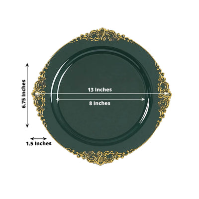 20-Pack Economy Plastic Round Charger Plates 13" in Hunter Emerald Green with Gold Embossed Baroque Rim, Stylish Dinner Party Serving Plates