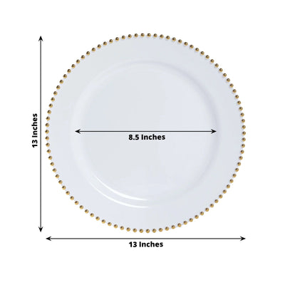 10-Pack Economy Round Plastic Charger Plates 13" in White with Gold Beaded Rim, Stylish Dinner Party Serving Plates
