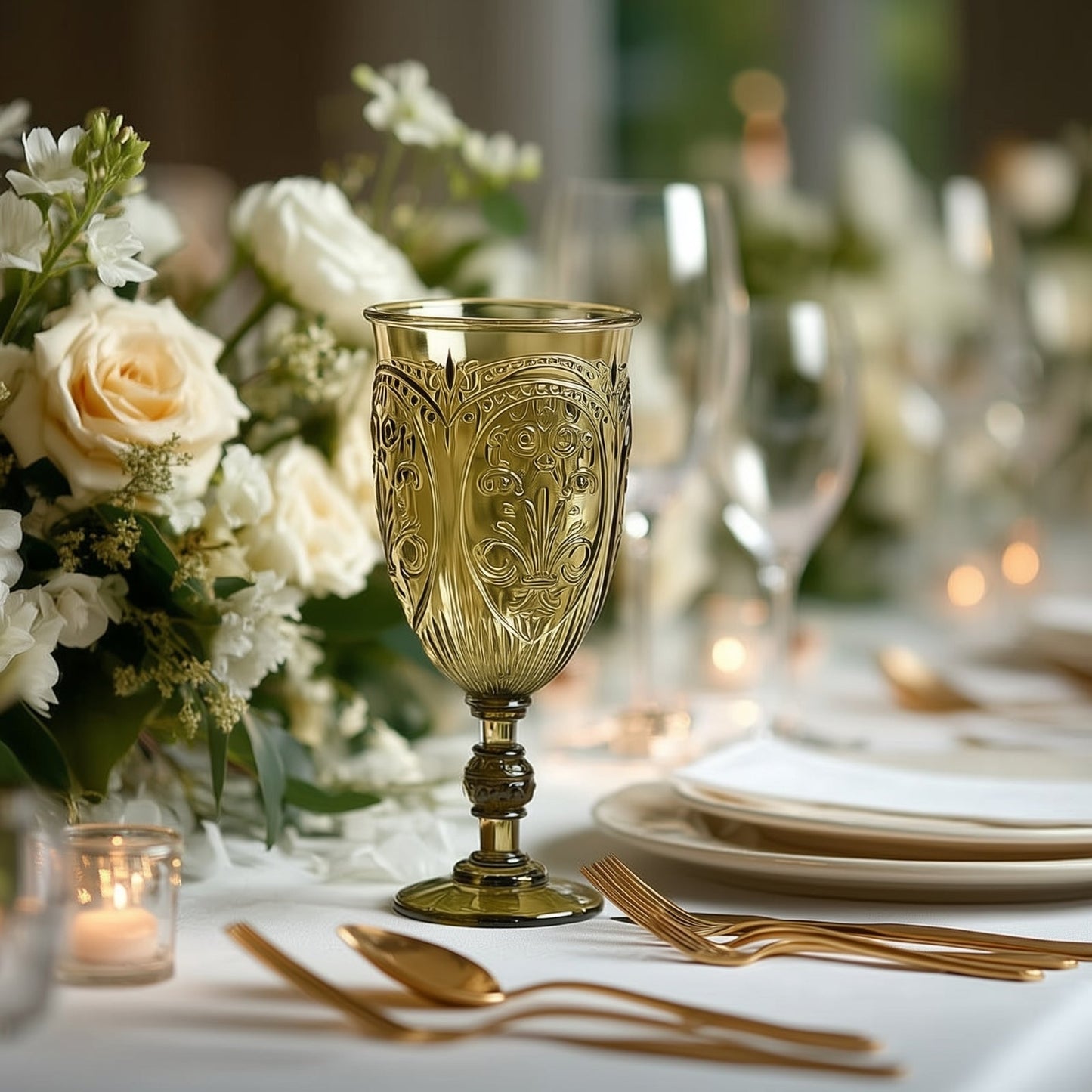 24-Pack Plastic Wine Glasses 10oz – Transparent Dusty Sage Green Vintage Goblets with Retro Embossed Design, Elegant Drinkware - 7" Tall