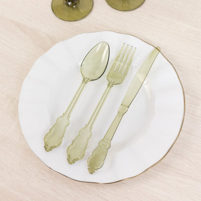 72 Pcs Plastic Silverware Set in Baroque Style Transparent Dusty Sage Green - Heavy Duty Disposable Knife, Fork, and Spoon Set