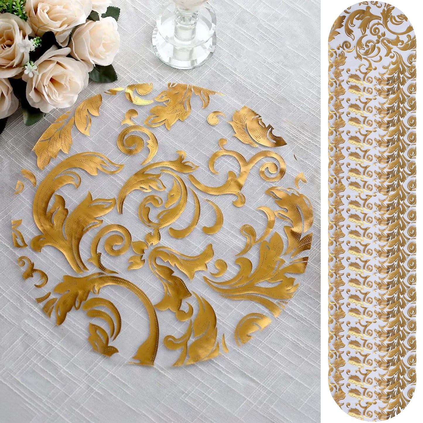 50-Pack Table Placemats Swirl Foil Floral Design Metallic Gold Round - Sheer Organza Disposable Mats 13"