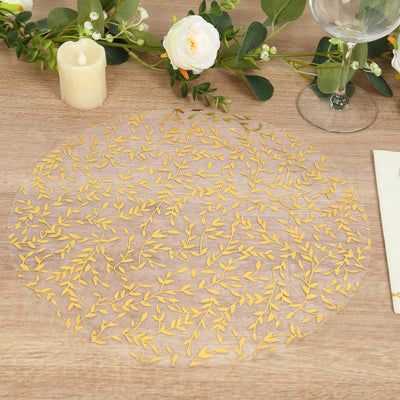 50-Pack Table Placemats Gold Foil Leaf Vine Design White Round - Organza Disposable Floral Mats 13"