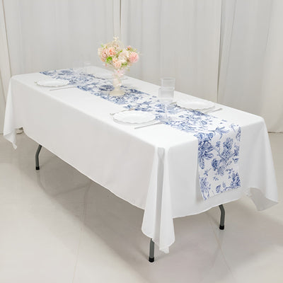 Polyester Table Runner 12"x108" White with Blue French Toile Floral Print - Stylish Reusable Table Décor