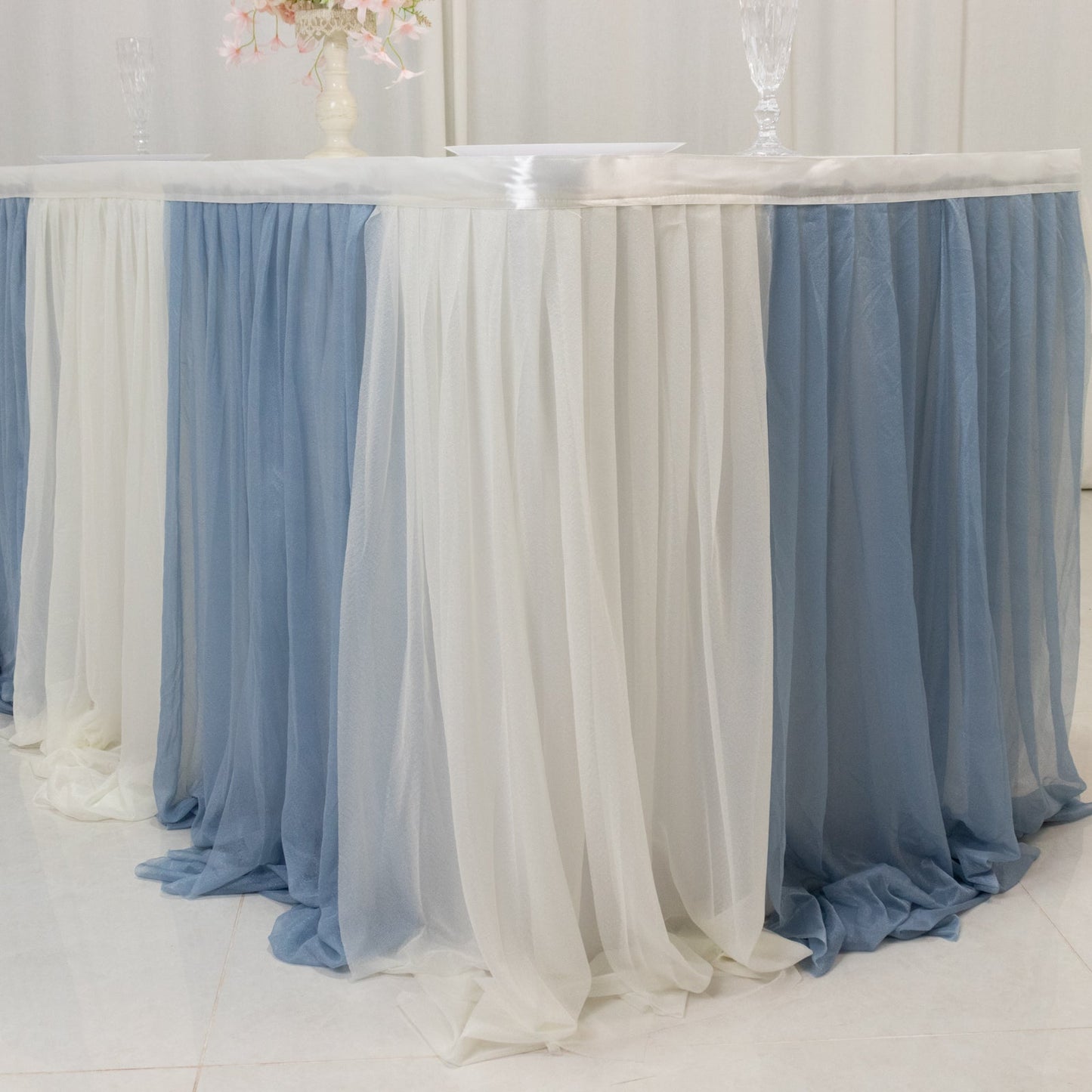 14ft Sheer Pleated Ruffle Skirting Chiffon Table Skirt - Dusty Blue and Ivory, Shimmer Sheer, Wrinkle-Free Fabric