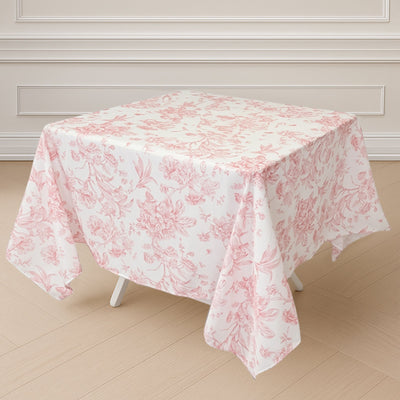 Polyester 70"x70" Square Tablecloth White - Pink French Toile Pattern for Elegant Occasions