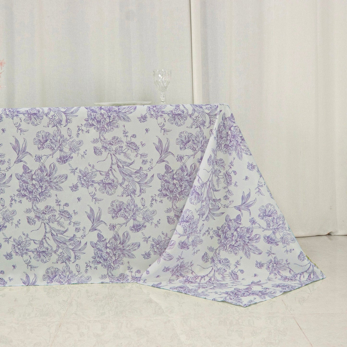 Polyester 90"x156" Rectangle Tablecloth White - Seamless Lavender Lilac French Toile Pattern for Grand Occasions