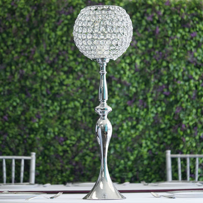 Acrylic Crystal Beaded Goblet Candle Holder Silver - Exquisite Flower Ball Centerpiece Stand for High - End Event Styling 30" - Linen Luxes