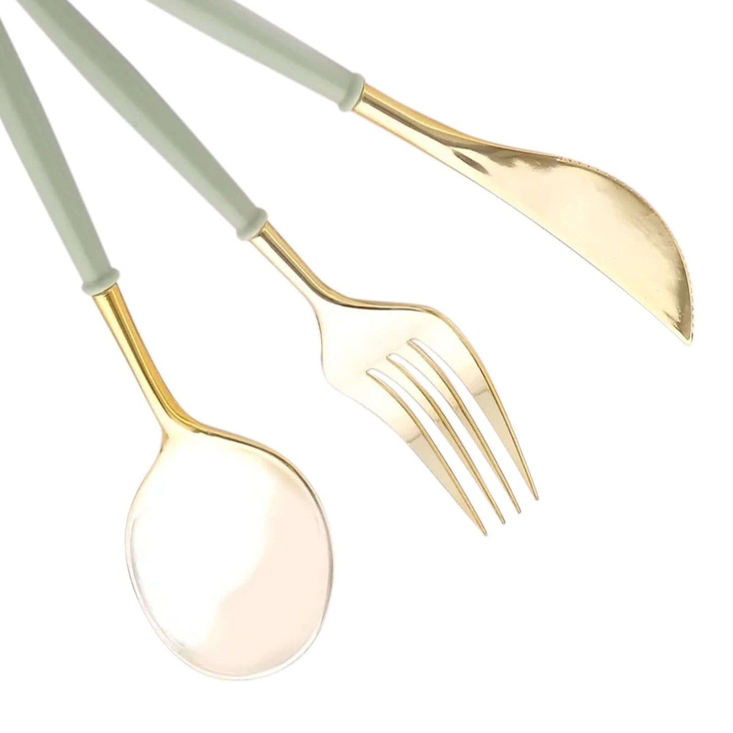 24-Pack Plastic Flatware Set in Metallic Gold with Sage Green Handle - Heavy Duty Disposable Modern Silverware 8"
