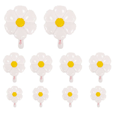 Set of 10 White Daisy Flower-Shaped Mylar Foil Balloons, Assorted Floral Balloon Party Decorations with Balloon Dots - 10", 19", 27"