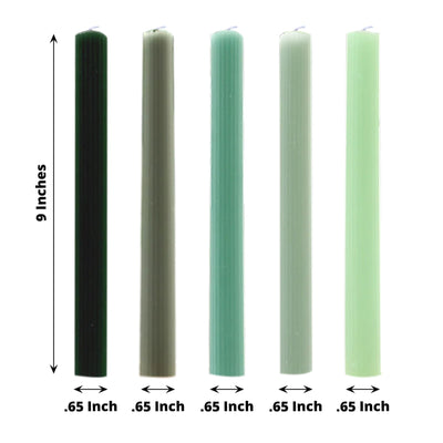 5-Pack Taper Candles Ribbed Wick Ribbon Wax Design Assorted Sage Green - Premium Unscented Dinner Candles 9"