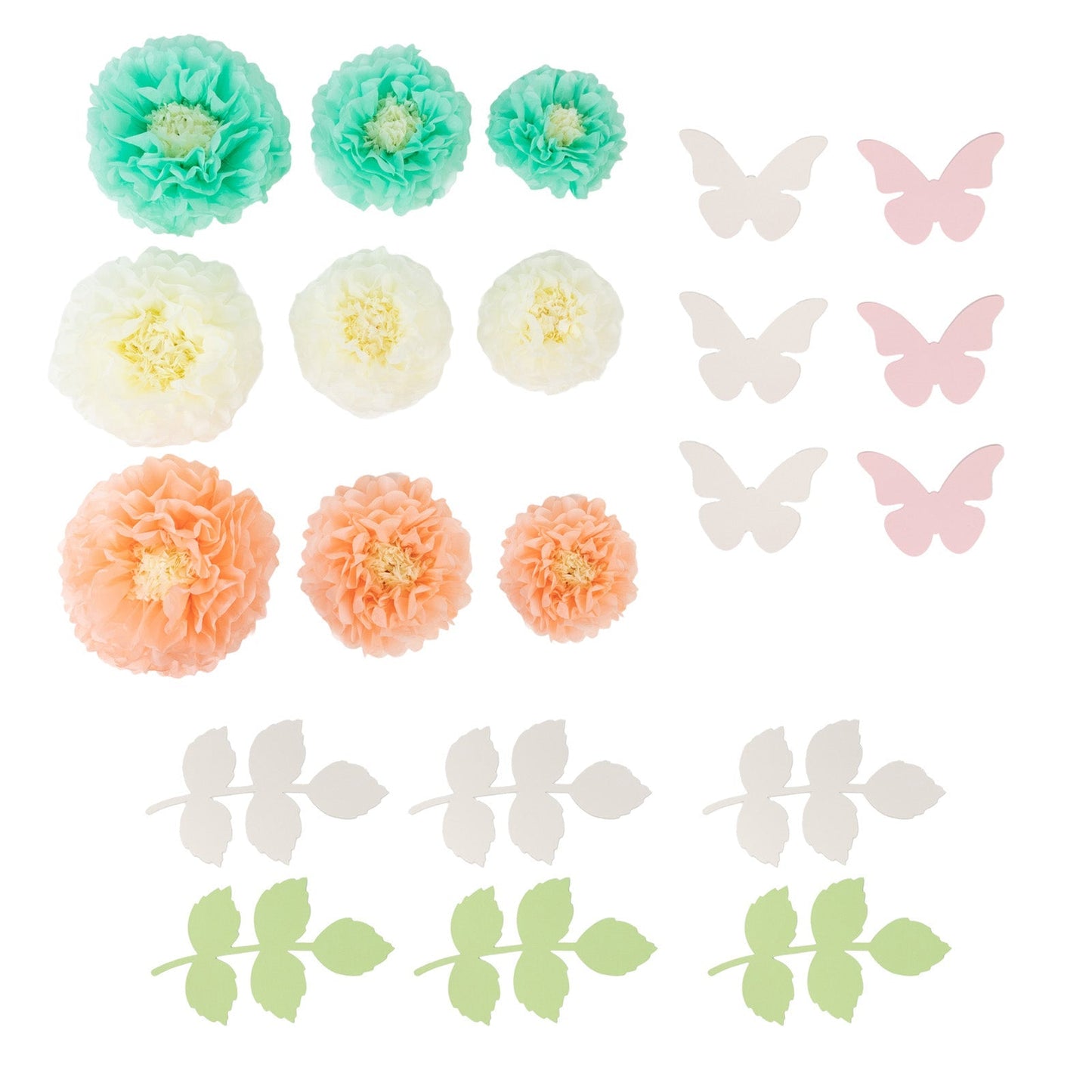 Set of 21 Tissue Paper Flowers Pom Poms Decor Kit – Cream Peach 3D Chrysanth Floral Wall Decor with Butterflies & Olive Leaves - 8",10",12"