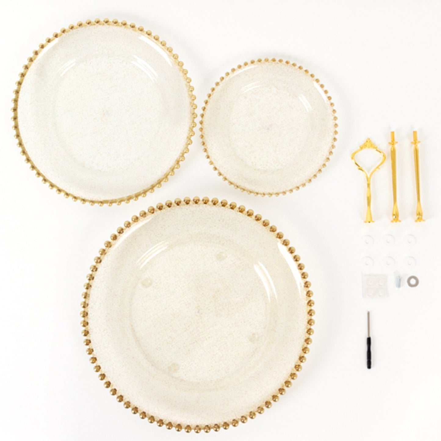 14" Clear Gold Glittered 3-Tier Plastic Dessert Display Stand With Gold Beaded Rim, Round Cupcake Tower Tea Party Serving Platter With Top Handle