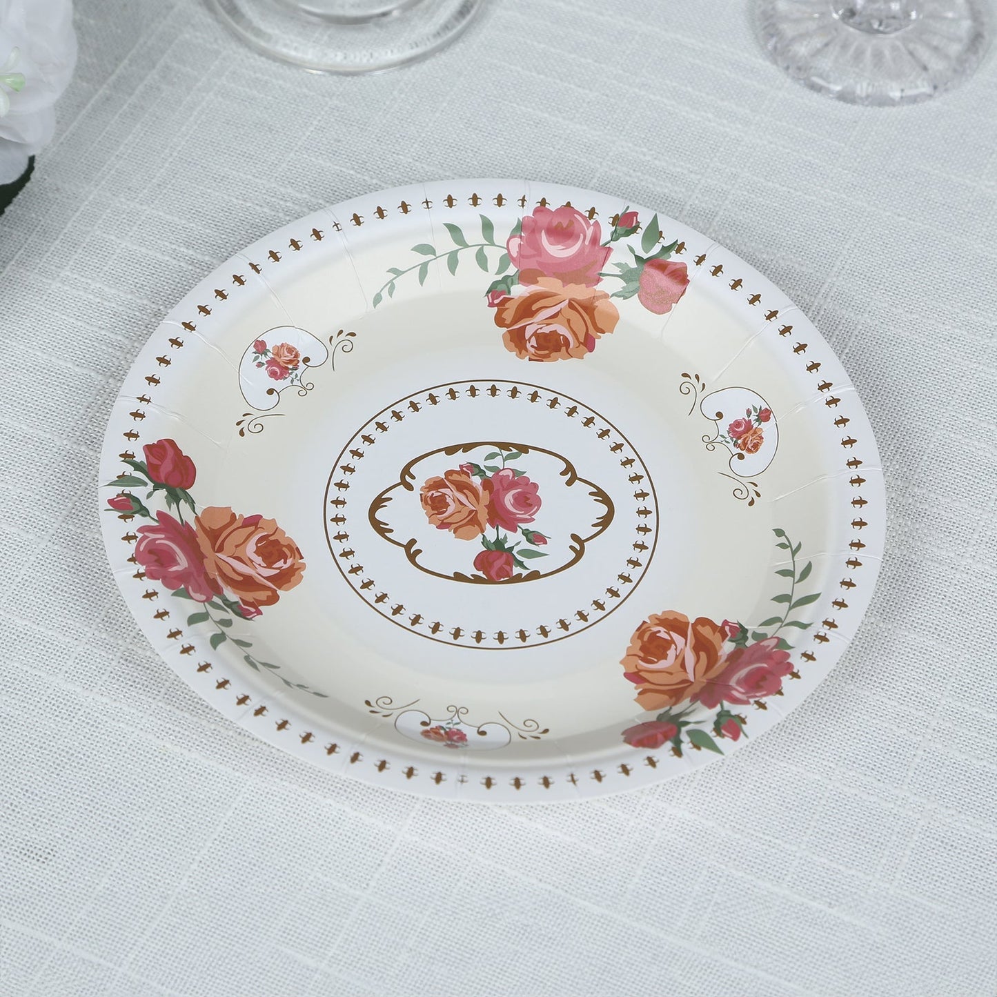 25-Pack Paper 7" Round Dessert Plates in Ivory with Vintage Rose Flower Print - Disposable Appetizer Salad Plates for Bridal Showers & Garden Luncheons