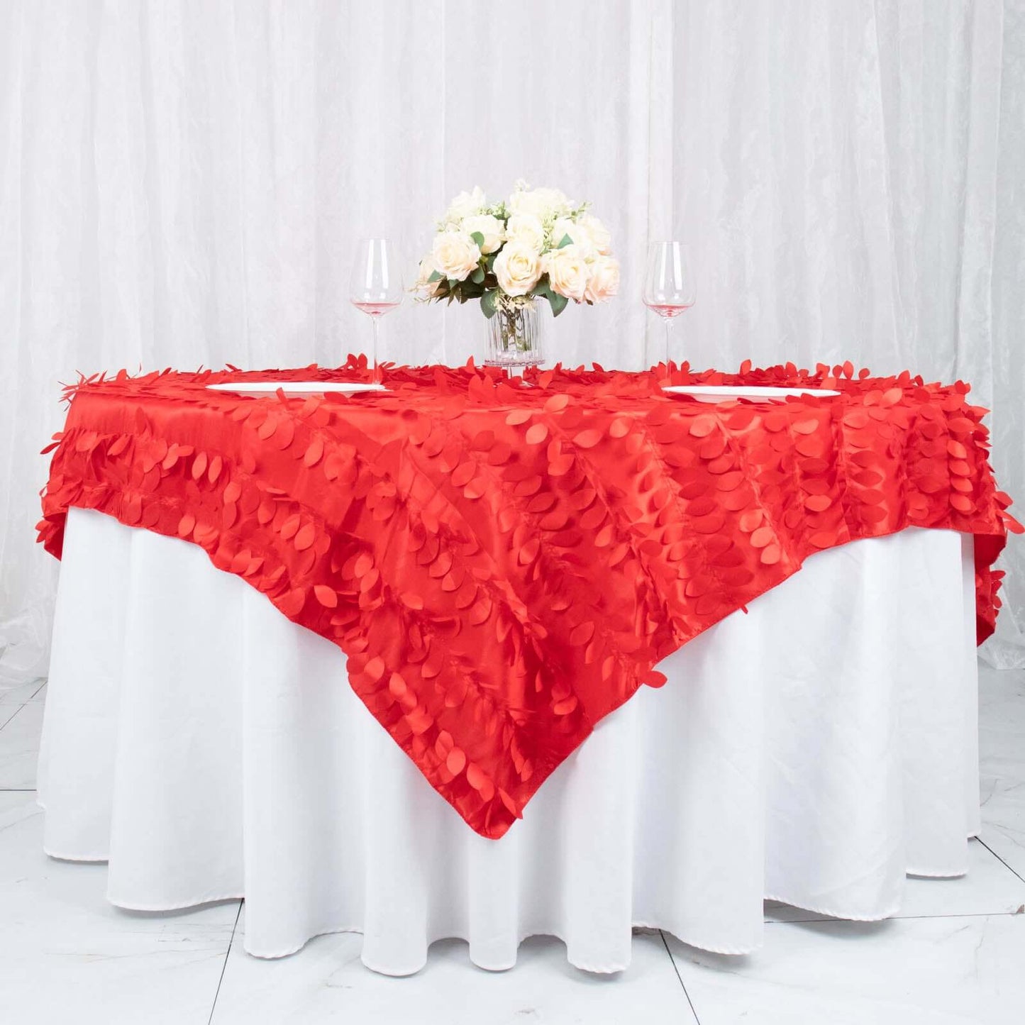 Taffeta 72"x72" Table Overlay Square Tablecloth Red - 3D Leaf Petal Table Cover