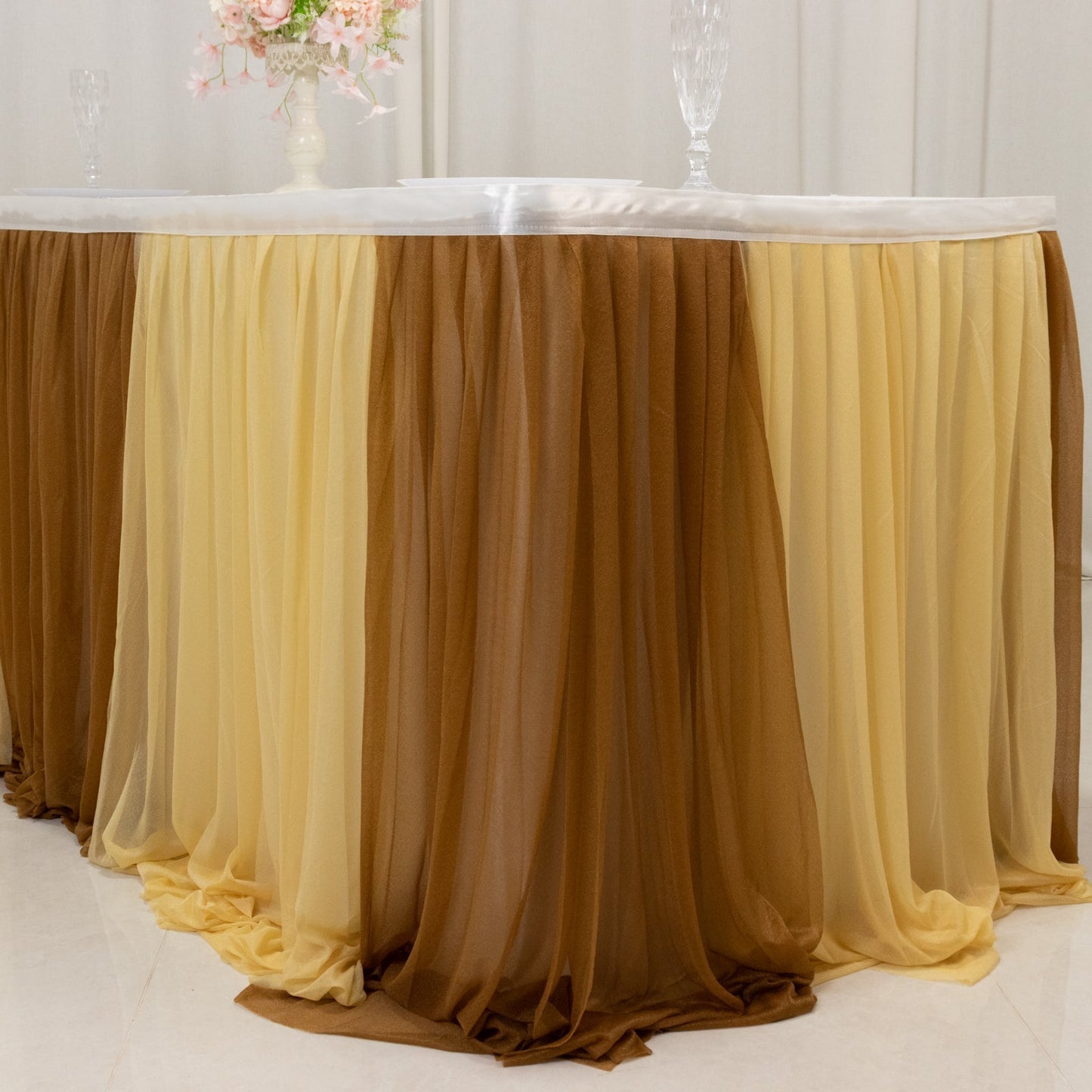 14ft Sheer Pleated Ruffle Skirting Chiffon Table Skirt - Champagne and Gold, Shimmer Sheer, Wrinkle-Free Fabric