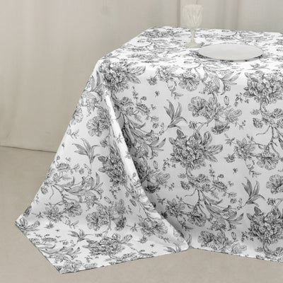 Polyester 90"x156" Rectangle Tablecloth White - Seamless Black French Toile Pattern for Grand Occasions