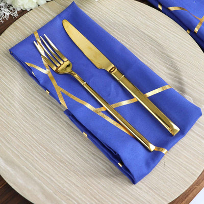 5 Pack Polyester 20"x20" Napkins Royal Blue with Gold Geometric Foil Pattern - Modern Reusable Dinner Napkins