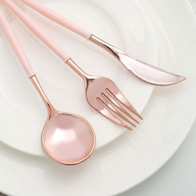 24-Pack Plastic Flatware Set in Rose Gold with Blush Handle - Heavy Duty Disposable Modern Silverware 8"