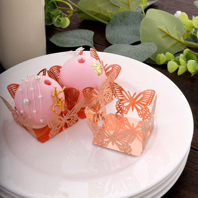 50-Pack Mini Paper Truffle Cup Liners Butterfly Square Design Metallic Rose Gold - 225GSM Cupcake Tray Wrappers 4"