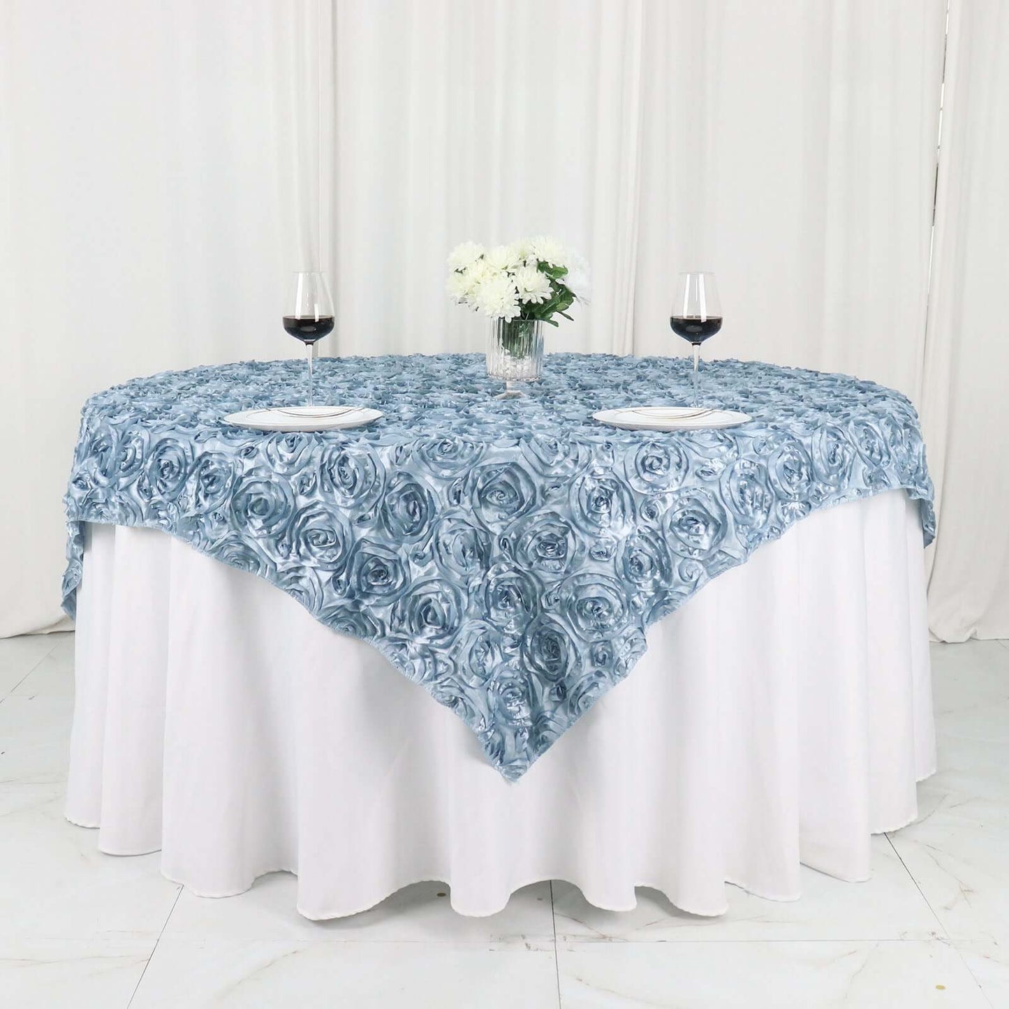 Satin 72"x72" Table Overlay Square Tablecloth Dusty Blue - 3D Rosette Table Cover