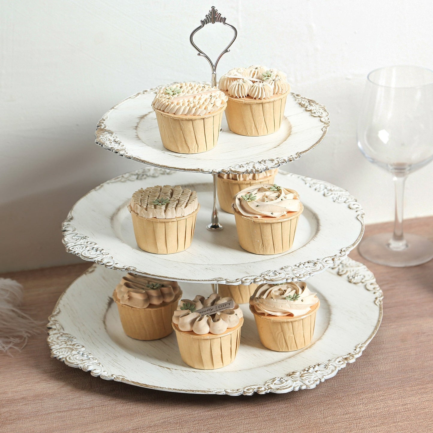 3-Tier Plastic Round Cupcake Stand Whitewashed with Antique Gold Baroque Rim & Top Handle 13"