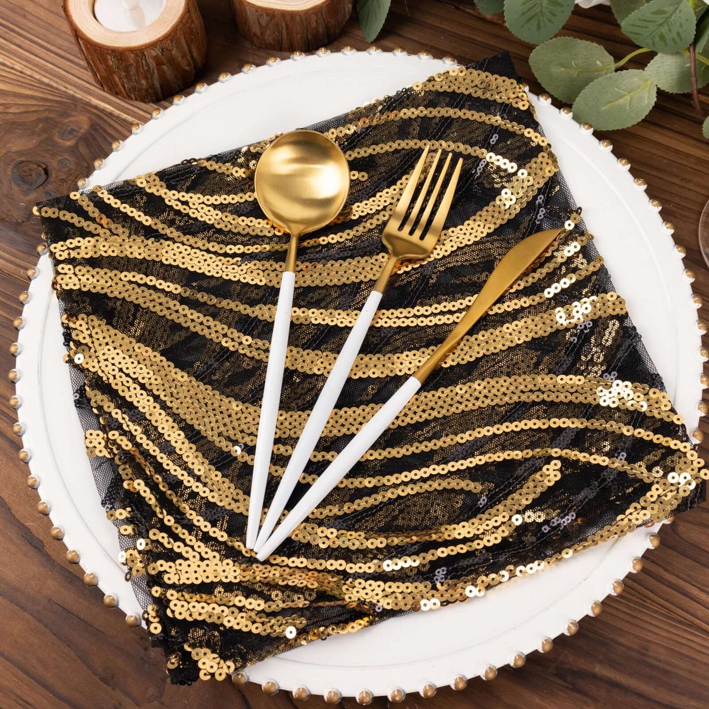 Sequin Mesh 20"x20" Napkin Black Gold - Wave Embroidered Reusable Napkin