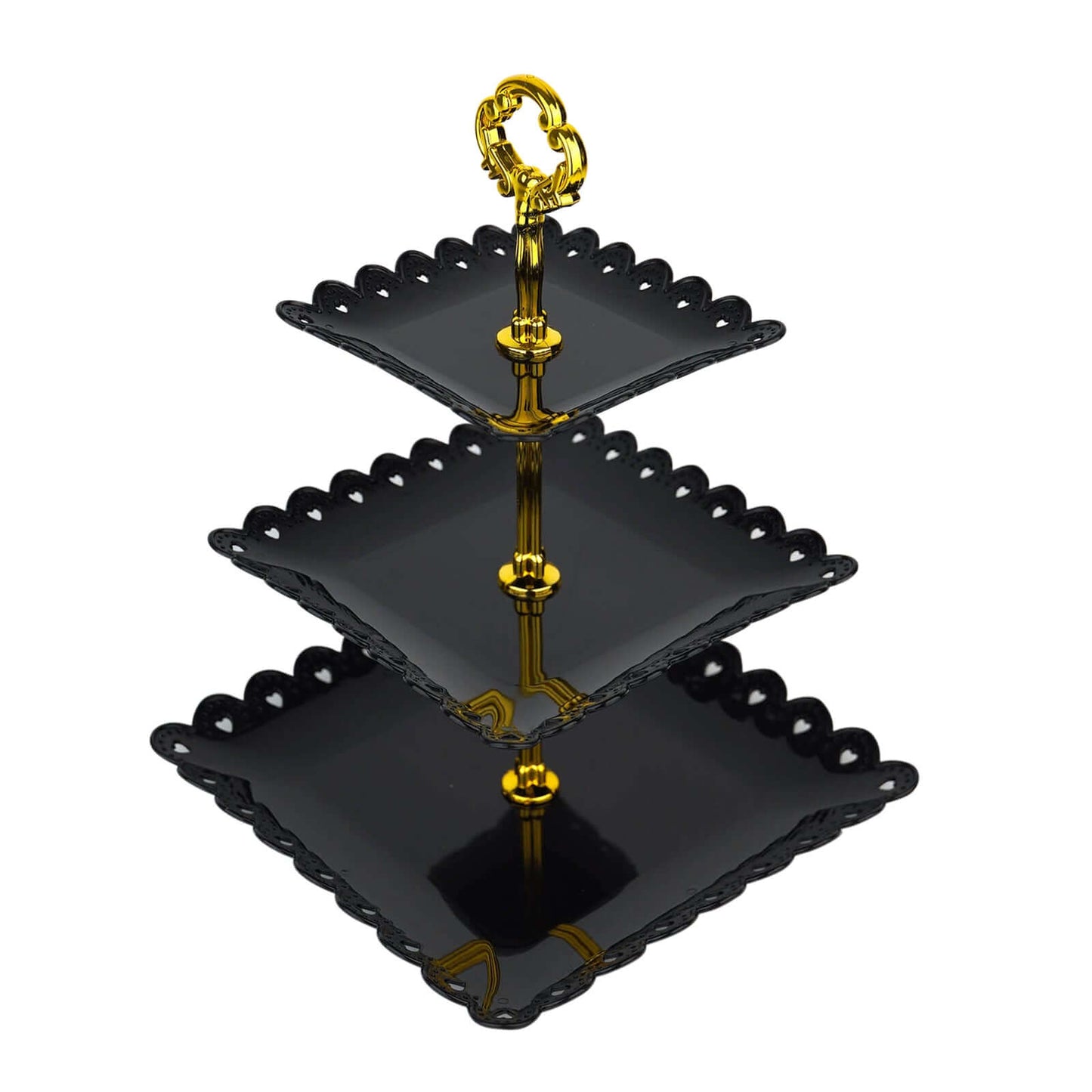 3-Tier Plastic Square Cupcake Stand Tower Black - Charming Disposable Dessert Display Serving Tray Platter with Heart Wavy Edge & Gold Top Handle for Tea Parties Weddings & Special Occasions 13"