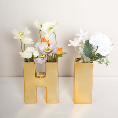Shiny Ceramic Vase Letter "P" Gold Plated - Chic Bud Planter Pot for Events & Decor 6"