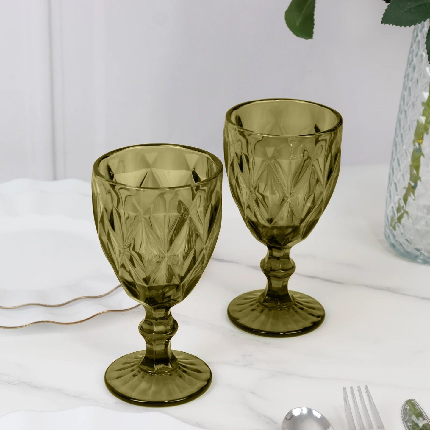 6-Pack Wine Glasses Dusty Sage Green Embossed Crystal Cut Design Stemmed - Colored Goblets for Parties & Events 12oz 7"