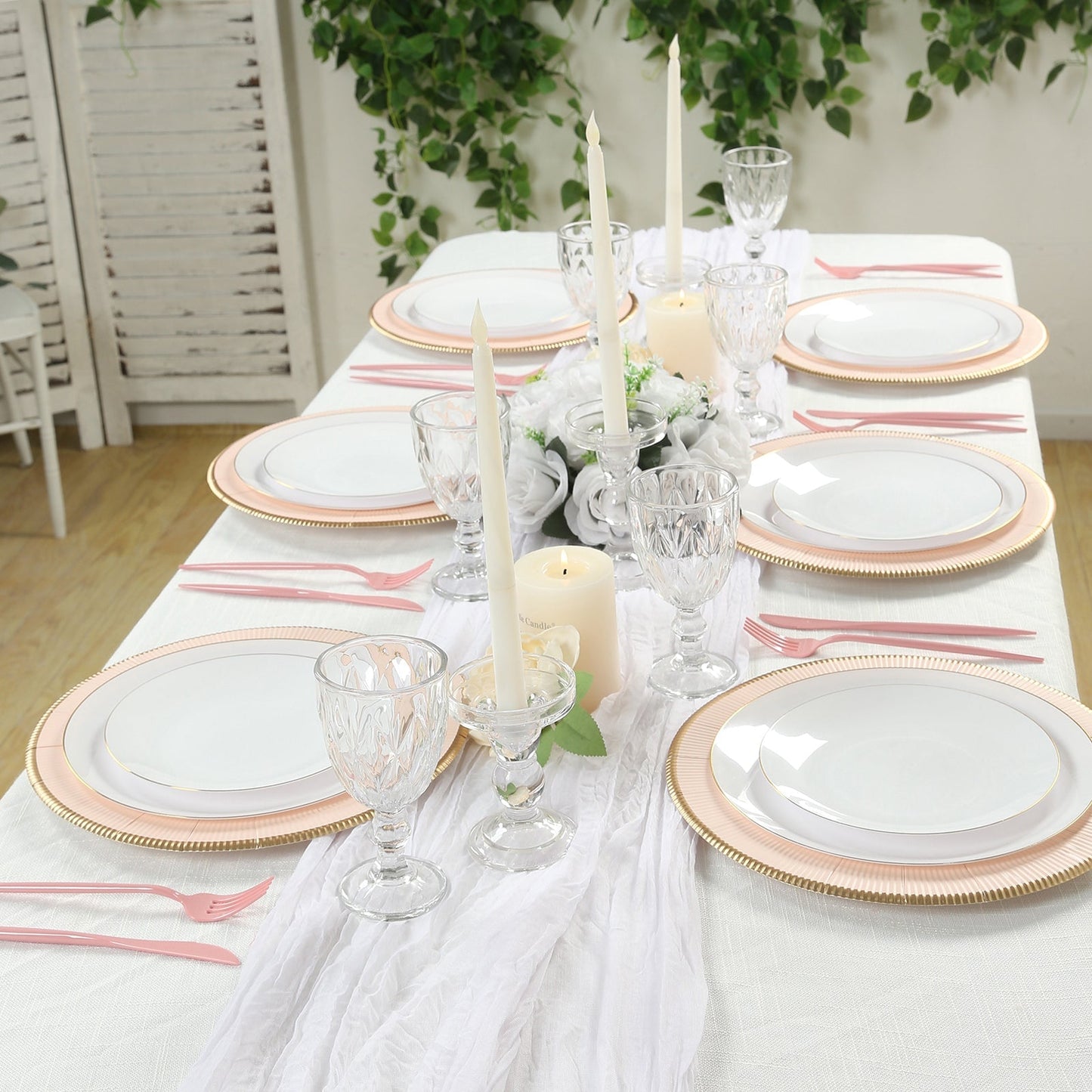 25-Pack Disposable Round Charger Plates in Blush Sunray Design with Gold Rim - 350GSM Heavy Duty Paper Chargers 13"