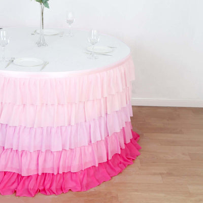 Chiffon 14ft Table Skirt Gradient Pink - Stylish 5-Tier Ombre Ruffled Tutu Table Cover with Satin Backing for Weddings & Celebrations
