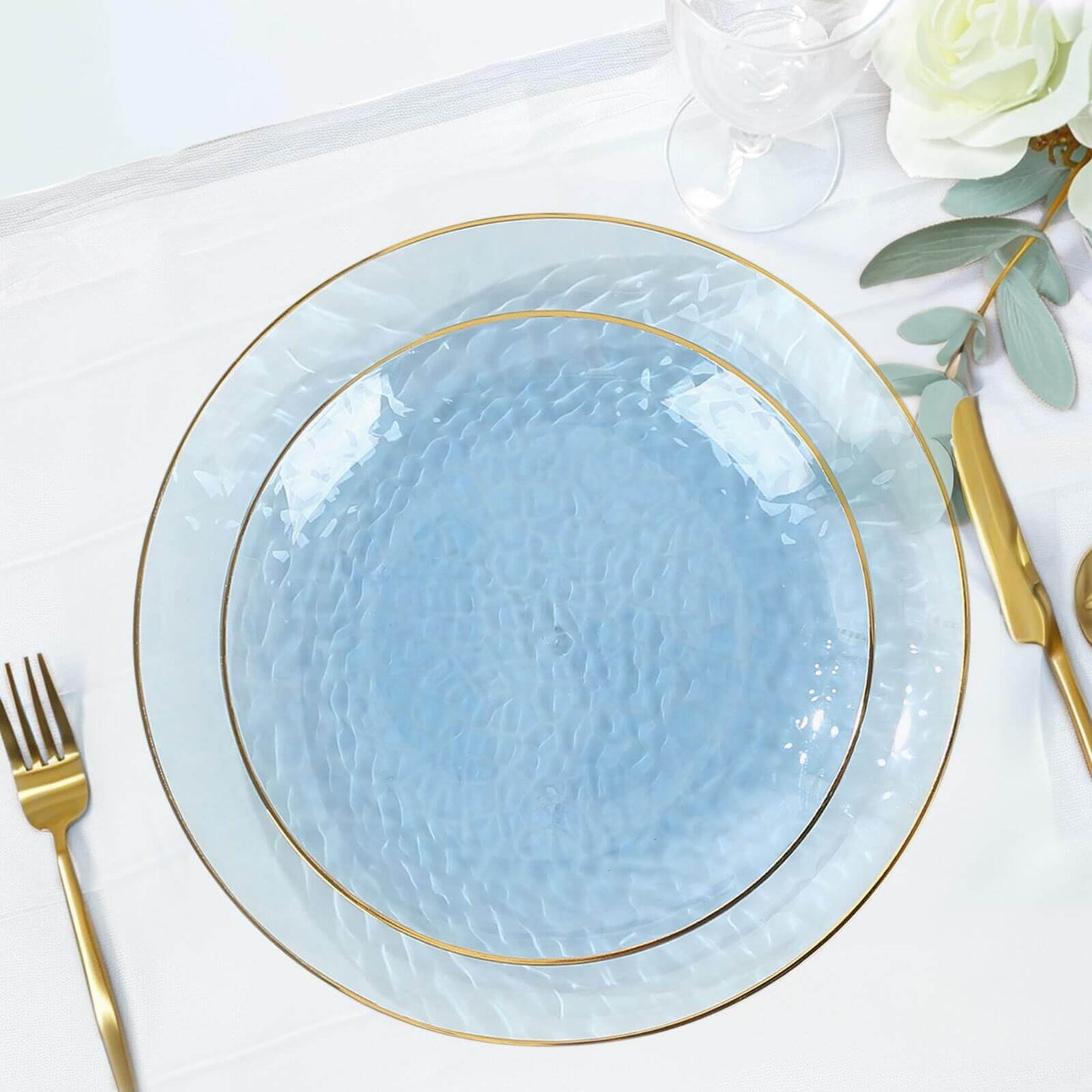 10-Pack Plastic 7" Round Dessert Appetizer Plates in Transparent Dusty Blue Hammered Design with Gold Rim - Modern Disposable Salad Plates