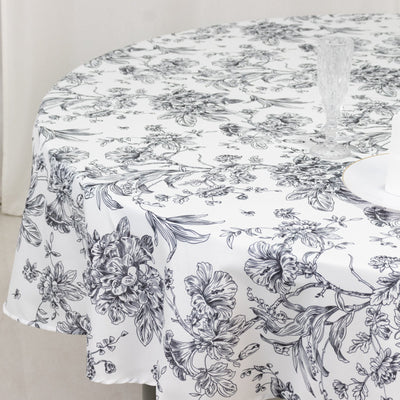 Polyester 90" Round Tablecloth White - Black French Toile Pattern for Chic Weddings