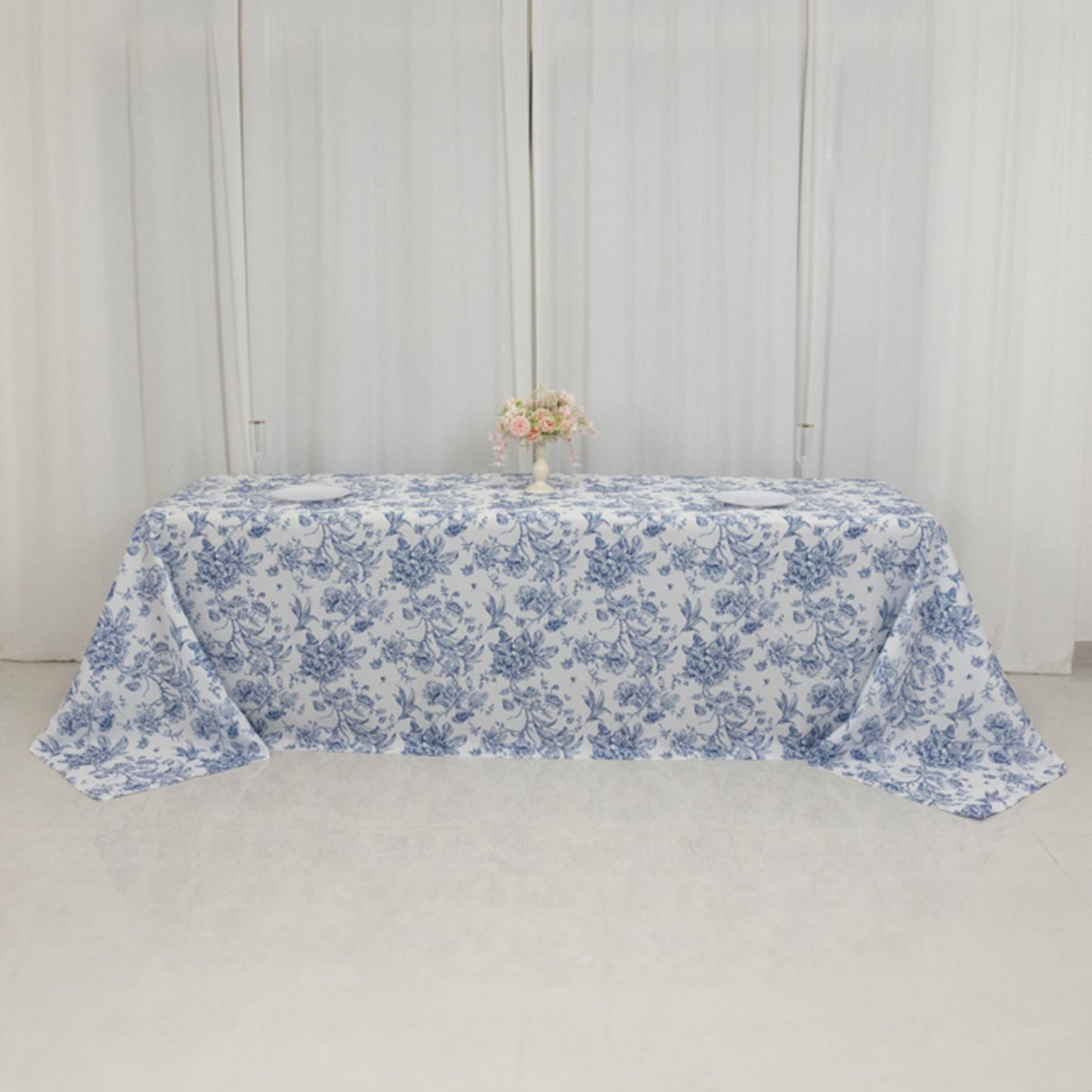Polyester 90"x156" Rectangle Tablecloth White - Seamless Blue French Toile Pattern for Chic Weddings