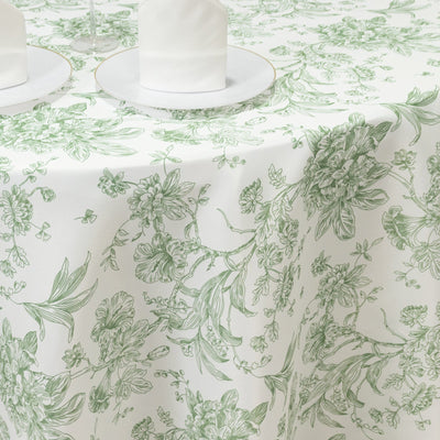 Polyester 120" Round Tablecloth White - Dusty Sage Green French Toile Pattern for Chic Weddings