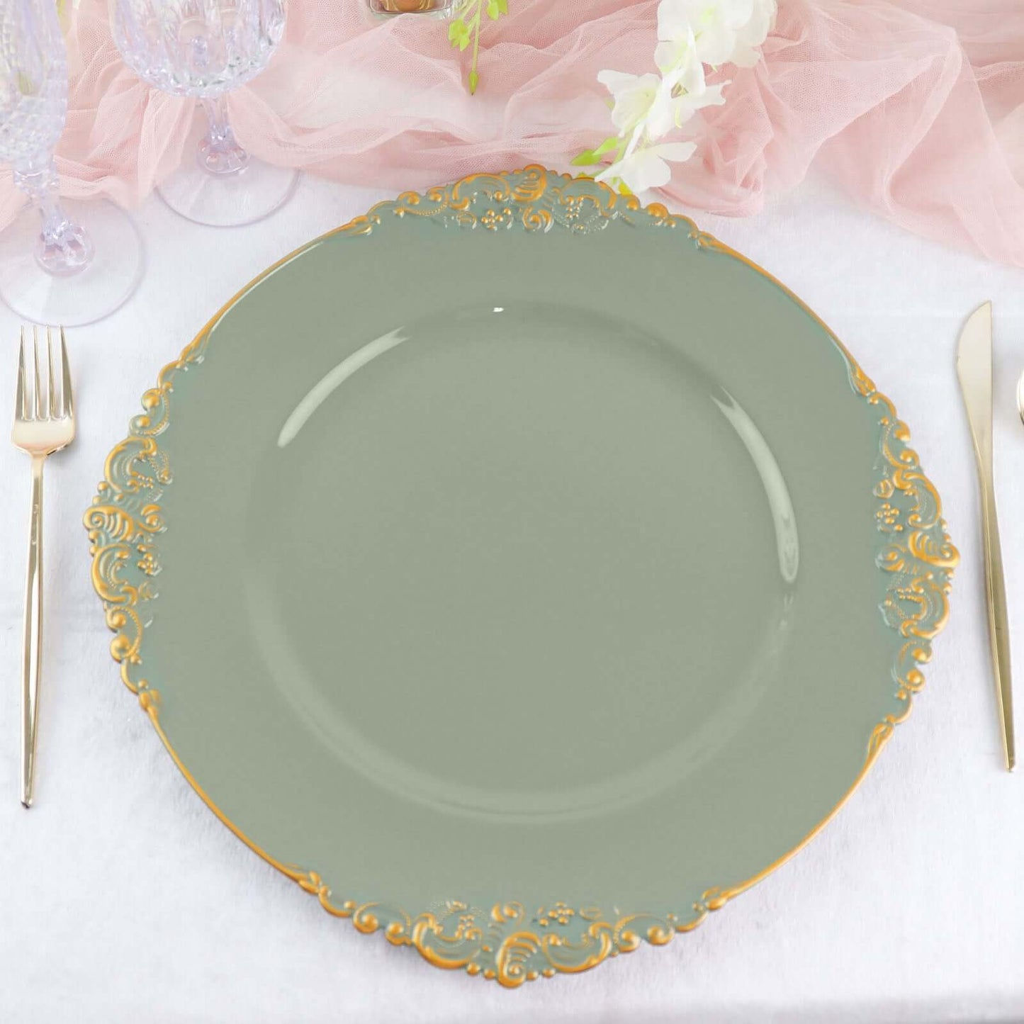 6-Pack Acrylic Round Charger Plates 13" in Dusty Sage Green with Gold Embossed Baroque Rim, Antique Decorative Dinner Party Charger Tableware