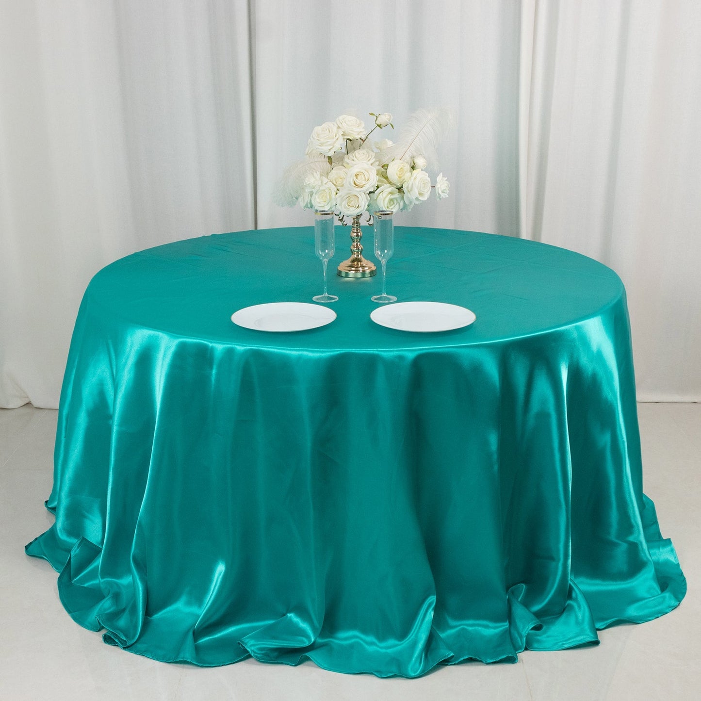 Satin 132" Round Tablecloth Turquoise - Stylish Seamless Table Cover