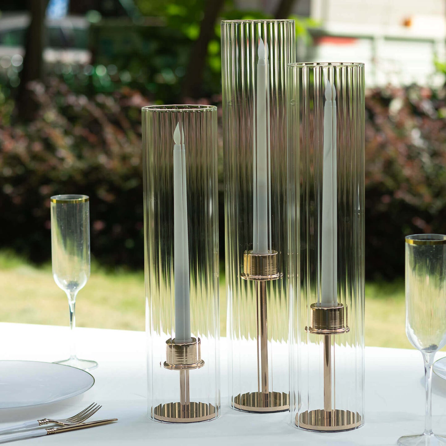 Set of 3 Clear Ribbed Glass Hurricane Shades Open End Design - Stylish Candelabra Pillar Candle Holder Table Centerpiece 15", 17", 19"