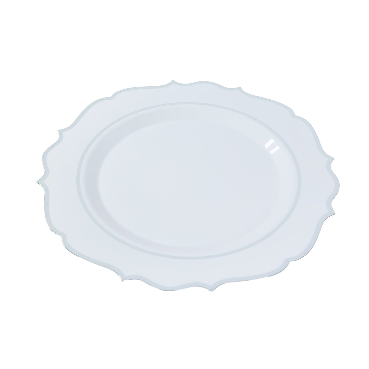 10-Pack Economy Plastic Round Charger Plates 13" in White with Silver Scalloped Rim, Decorative Dinner Party Serving Plates