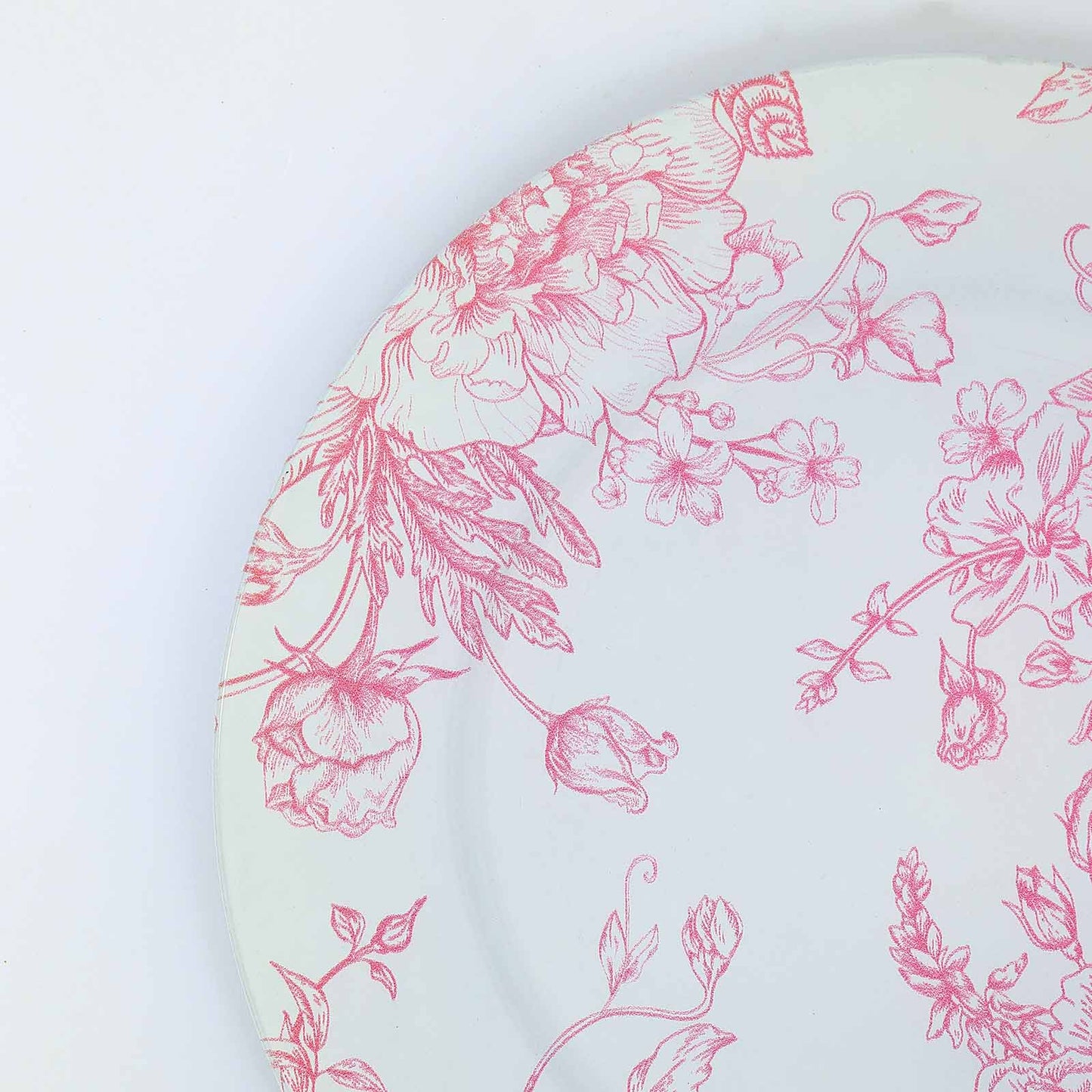 6-Pack Acrylic Round Charger Plates 13" in White with Pink Floral French Toile Pattern, Decorative Dinner Party Charger Tableware
